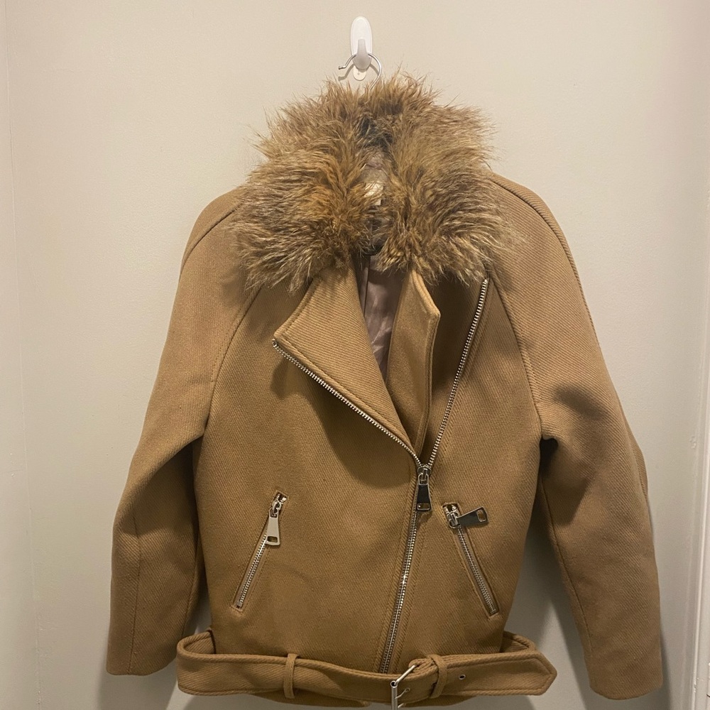H&M Twill Wool Blend Mix Faux Fur Collar Biker Jacket Camel Women’s Size 4 EUC